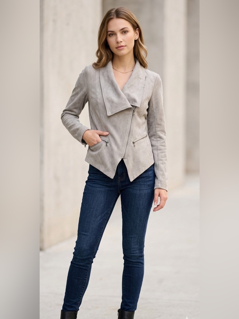 Rampage Faux Suede Asymmetrical Moto Biker Jacket Gray Greige Size Small